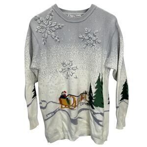Vintage JH Collectibles Christmas Sweater Size L Blue White Snowflake Santa 90s
